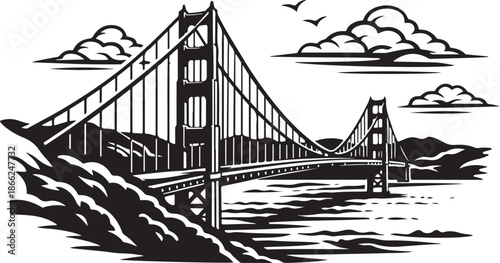 Golden Gate Bridge Silhouette Black and White Vector Illustration