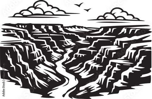 Grand Canyon Landscape Silhouette Black and White Vector Illustration
