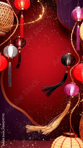 Colorful Lanterns and Festive Decor for Celebration with Magical Glow and Traditional Elements on Vibrant Background