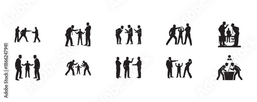Workplace Conflict and Office Argument Icon Set – Business Disagreement, Team Conflict, Management Stress Silhouettes