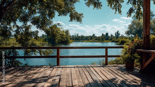 Scenic vista of a tranquil lake seen from a wooden deck, framed by lush foliage and trees