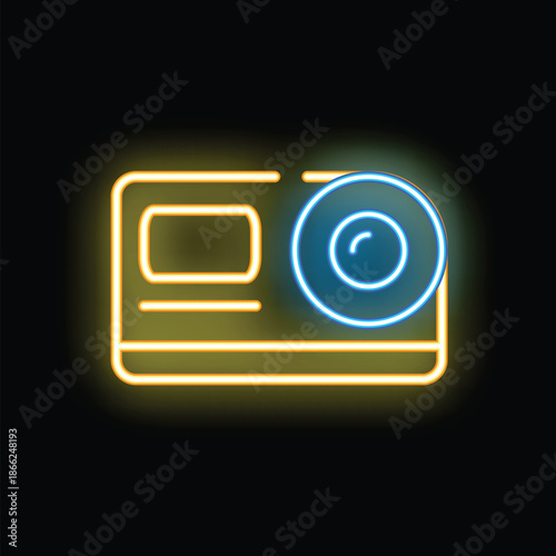 Glowing neon icon of credit card with camera highlighting online shopping concept