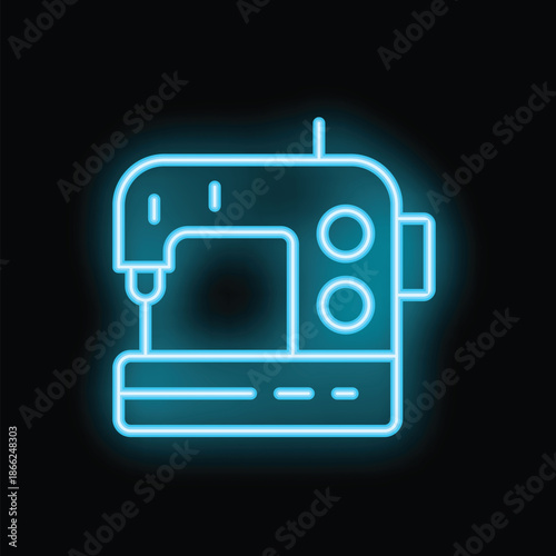 Blue neon sign of a sewing machine glowing on a black background