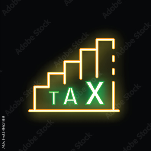 Neon sign depicting growing taxes with a stairs graphic and the word tax illuminated in green