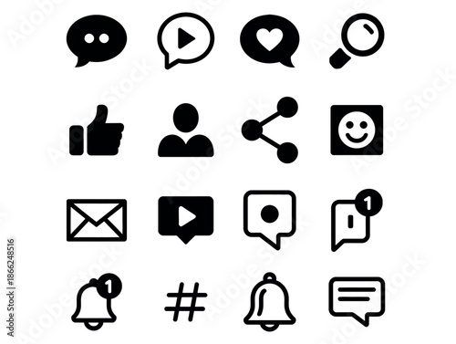 Social media and communication icons set for digital interface and app design.
