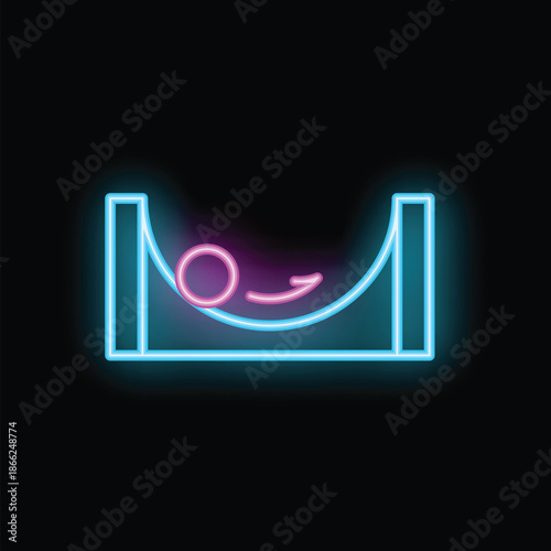 Glowing neon icon of a ball rolling down a halfpipe ramp, representing extreme sports and recreation