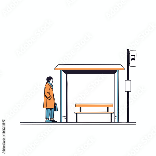 A person in an orange coat waits at a bus stop, with a bench, sign, and shelter