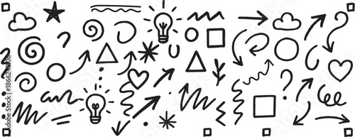 A collection of hand drawn doodles and symbols on a white background