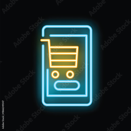 Neon sign is glowing in the dark, representing online shopping using a mobile phone app