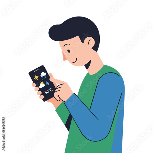 A person looks at weather forecast on a smartphone with sun, rain, and temperature