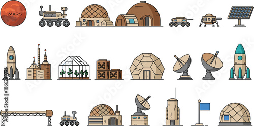 Mars Space Colony and Exploration Illustration Set Featuring Rovers, Domes, Rockets, Satellites, Solar Panels, and Futuristic Space Habitat Infrastructure