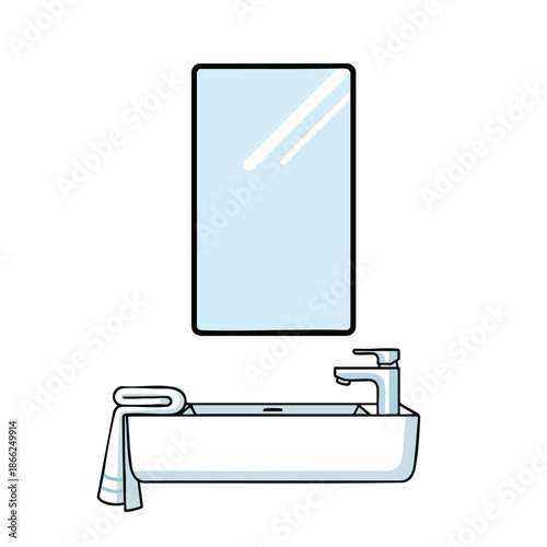 A minimalist illustration of a rectangular mirror above a sink and towel