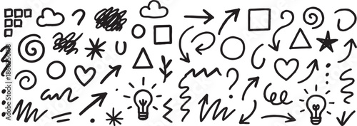 A collection of hand drawn doodles and symbols on a white background