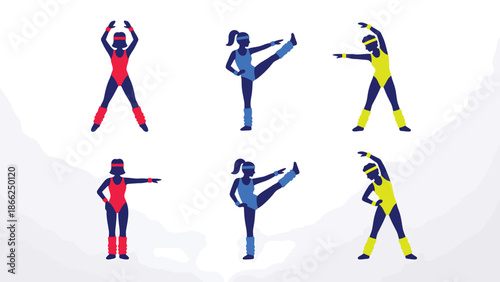Energetic Woman Exercising and Stretching Vintage Fitness Routine Illustration with 6 Poses