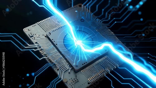 Dynamic Circuitry Overload Pulsating with Electric Energy and Data Streams Displayed on a Microchip