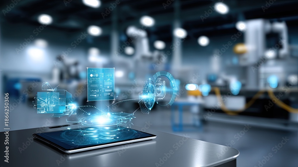 custom made wallpaper toronto digitalFuturistic Technology Interface on Tablet in Modern Industrial Workspace with Robotic Machinery and Digital Data Visualization Concepts