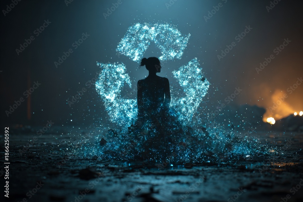 Obraz premium A person sits in a dark space surrounded by bright holographic shapes. The scene showcases digital art and creative expression through technology Generative AI