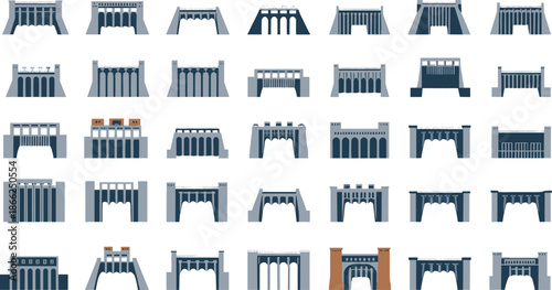 Hydroelectric Dam and Reservoir Architecture Illustration Set Featuring Concrete Water Barriers, Spillways, Power Stations, and Industrial Infrastructure Designs