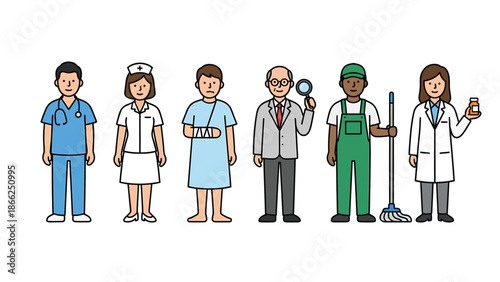 Diverse Healthcare Team Doctor Nurse Patient Surgeon Cleaner Pharmacist Medical Professionals Group Illustration