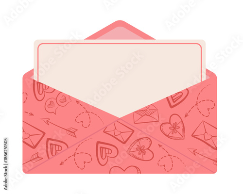 Pink open envelope with cute doodle pattern and blank sheet of paper for text or greeting. Valentines Day illustration ideal for cards, invitations, banners, ads and romantic designs.