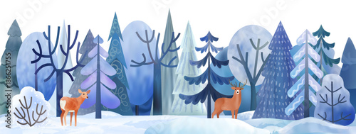 Winter background. Snow trees forest. Watercolor pine woodland. Wild landscape with Nordic reindeer. Horizontal wood postcard. Christmas nature. Scenery drawing. Vector illustration