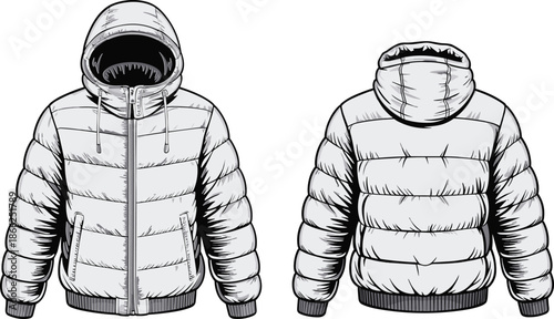 Detailed front and back view vector illustration of a men's hooded puffer jacket mockup, insulated winter outerwear fashion technical sketch.