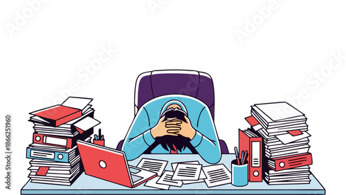 Overwhelmed Office Worker Surrounded by Clutter and Paperwork