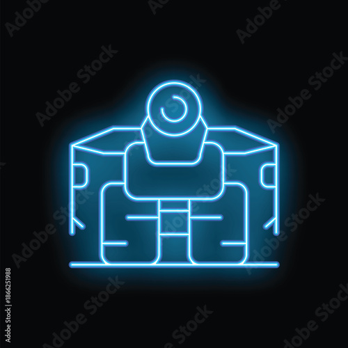 Glowing neon blue icon of a mining farm rig, emphasizing the essential components for cryptocurrency mining