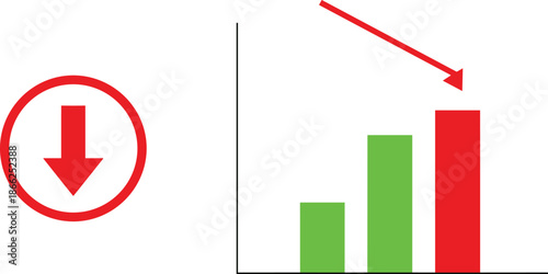 Falling Economic Bar Chart and Downward Arrow Icon Representing Financial Loss, Market Recession, Business Failure, Inflation Trends, and Decreasing Profits.