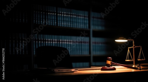 Law Office at Night with Gavel and Scales of Justice.