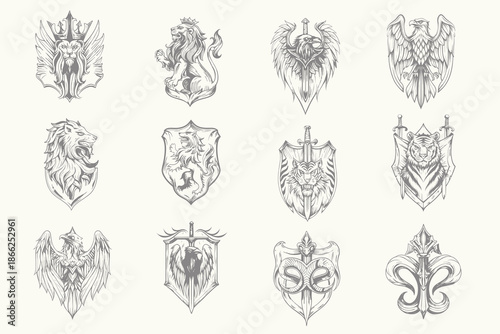fantasy kingdom vintage style animal Eagle, Serpent, Raven, Lion, Wolf, vector illustration. Retro animal set for creative t-shirt design. Eps 10