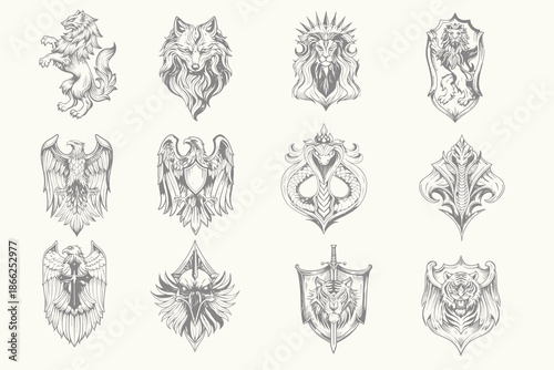 Animals for Heraldry in vintage , Wolf, Tiger, Eagle, Serpent, Raven set for T-Shirt, poster design. Retro halften animal set vector illustration. Eps 10