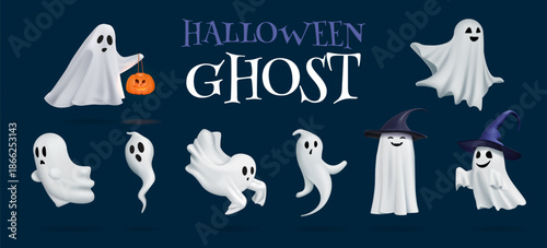3D Halloween characters. Ghost monster comic emoji. Evil emoticons for scary party. Spooky ghostly spirit flying. Autumn holiday. Happy or sad face emotion expression. Vector render set