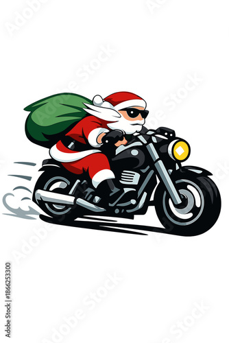 A trendy Santa Claus biker zooms on a speedy motorcycle, an unconventional Christmas idea