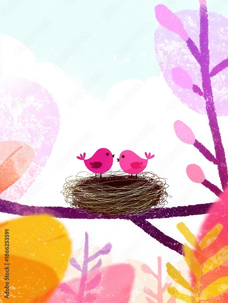 Obraz premium birds in nest on colorful branches