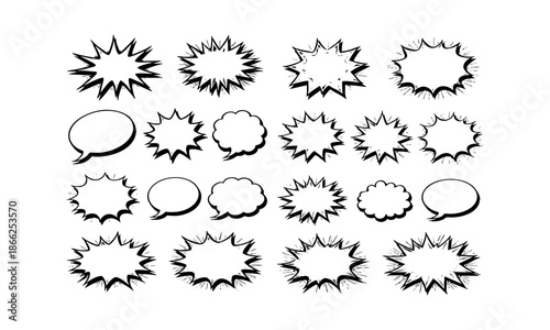 Comic burst and speech bubble shapes isolated on white
 vector set  illustration, easily editable. 