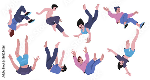 People fall. Fly person characters, jump girl or man silhouette in motion, young doodle woman down the sky, hovering and soaring action, floating scared student. Vector trendy concept