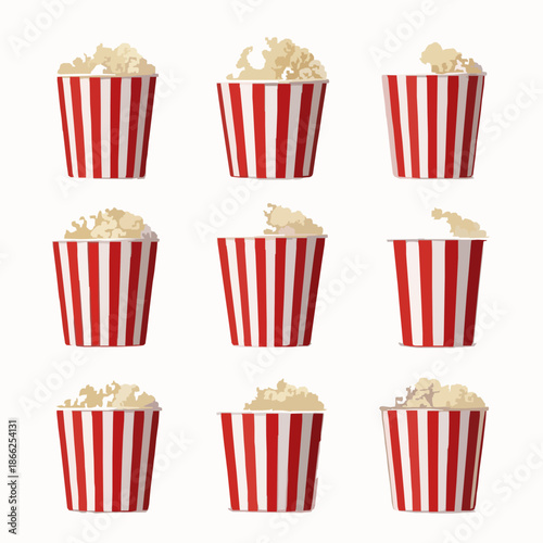 Realistic striped popcorn bucket cinema box mockup set isolated on white background