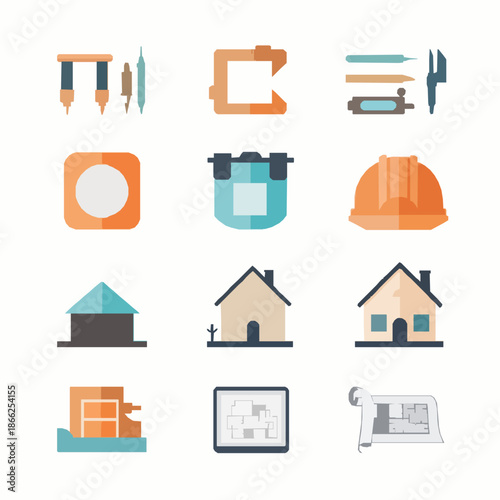 Flat architect tools icon set modern architecture equipment vector symbols