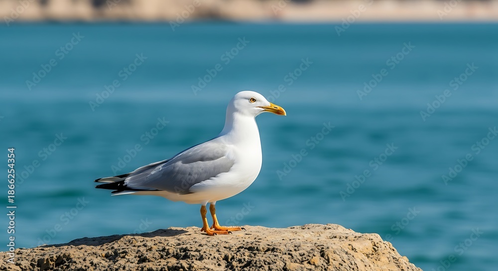 Fototapeta premium Seagull Perched on Rock with Ocean Backdrop.