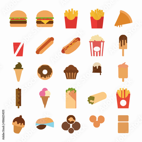 Fast junk food flat vector illustration set burgers pizza snacks isolated