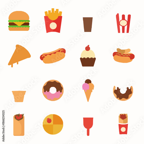 Junk food icons set flat vector fast food snacks collection
