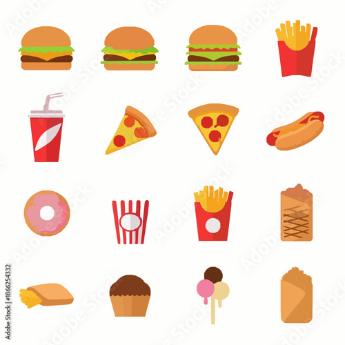Flat fast food vector illustration set junk snacks isolated on white