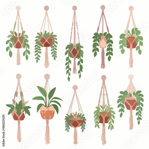 Macrame plant hanger set cartoon flat vector hanging planters home decor
