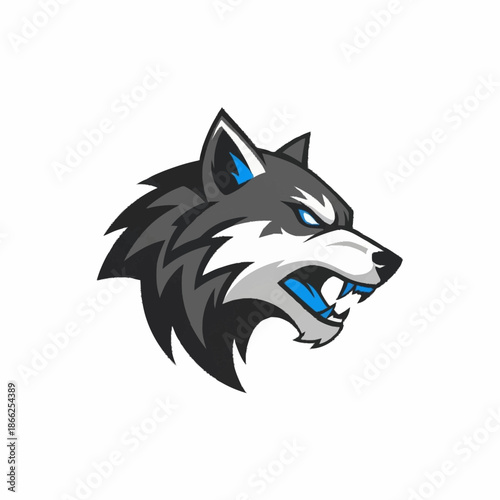 Fierce Gray Wolf Head Mascot with Blue Accents.