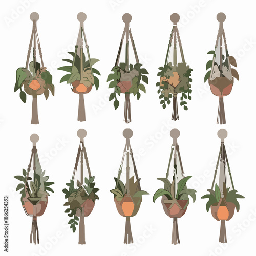 Hanging macrame planters cartoon flat vector set handmade home decoration