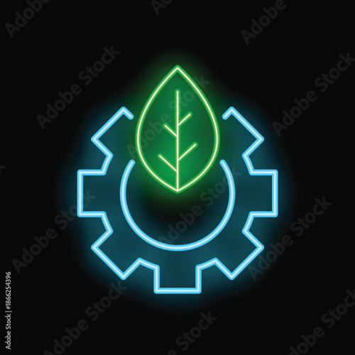 Glowing neon icon of a green leaf over a blue gear representing environmental sustainability