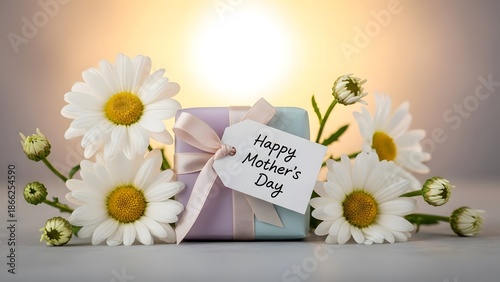 Happy mother's day gift with beautiful white daisies and card