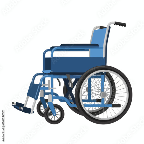 A flat illustration depicts a blue wheelchair from a side profile with two large wheels