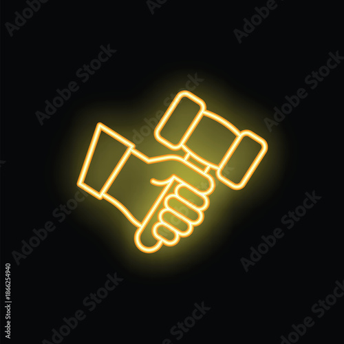Yellow neon icon of a judge hand holding a gavel, isolated on black background